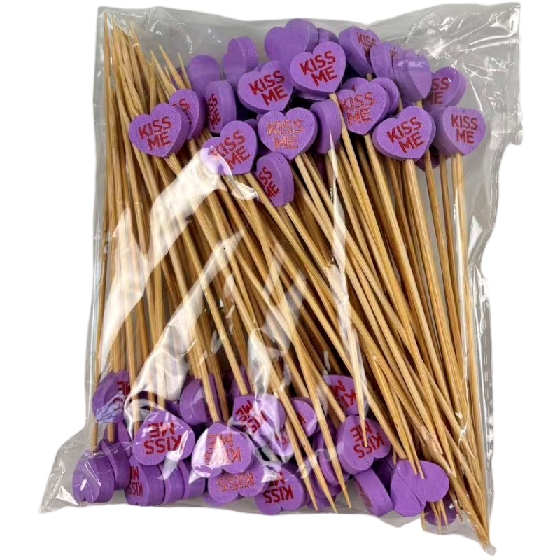 Purple Heart Bamboo Skewers  Premium Natural Bamboo Sturdy  Comfortable Purple Heart with "KISS ME" Perfect for Valentine's Day Weddings  Romantic Events