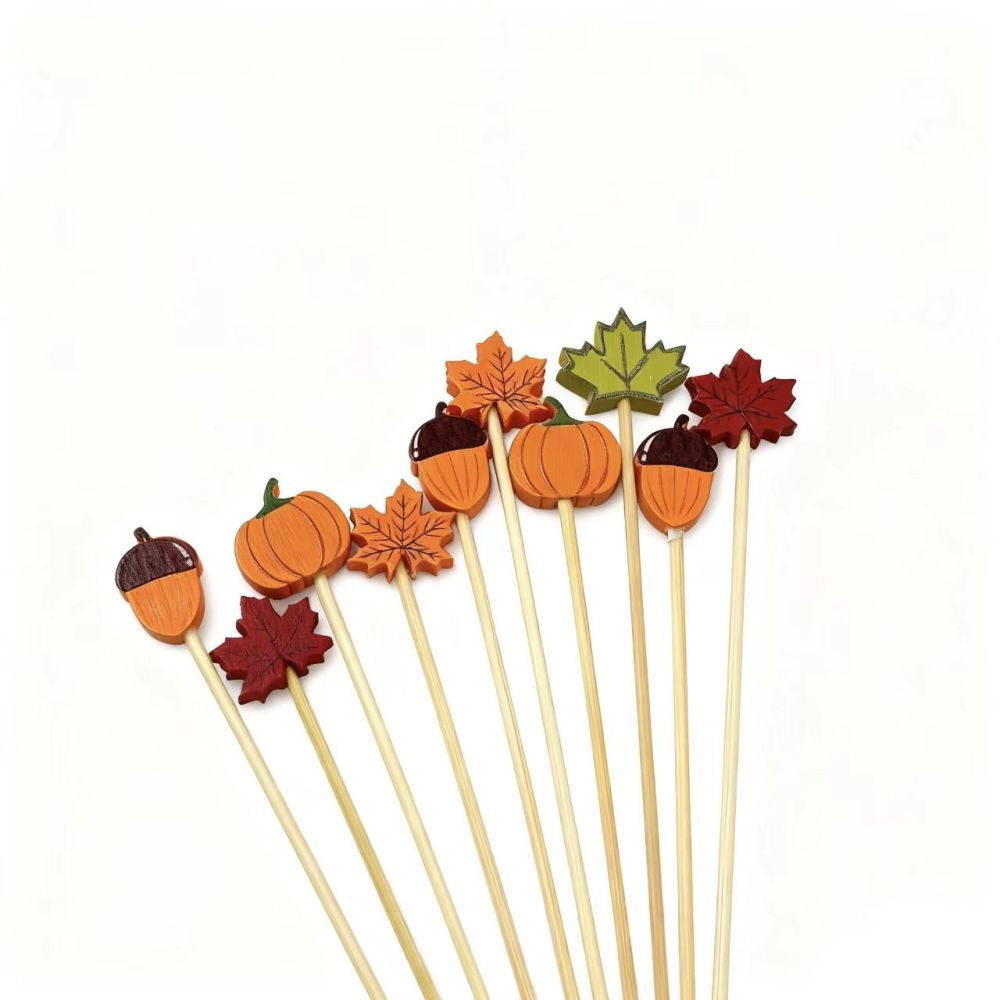 Fall Harvest Bamboo Picks (100Pcs) - Pinecone/Maple Leaf/Pumpkin, Cute for Thanksgiving & Fall Family Gatherings
