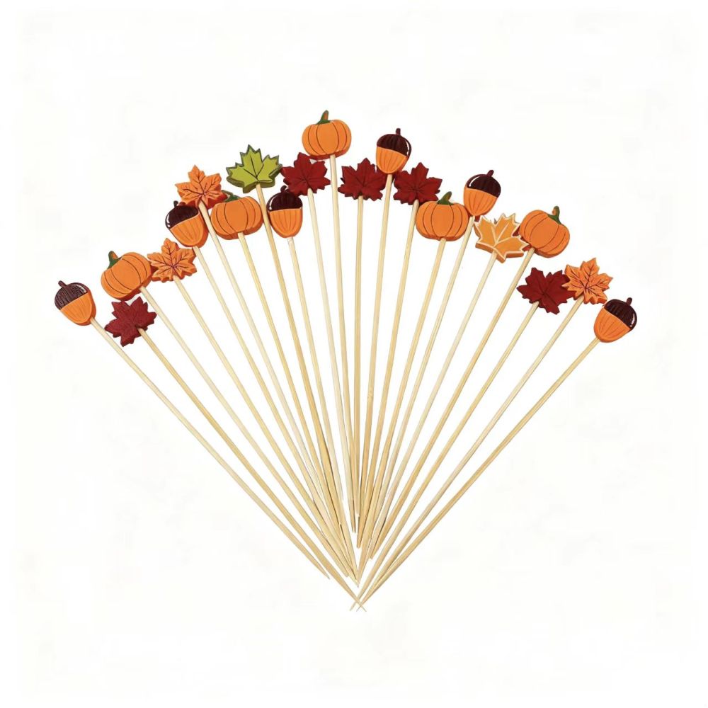 Fall Harvest Bamboo Picks (100Pcs) - Pinecone/Maple Leaf/Pumpkin, Cute for Thanksgiving & Fall Family Gatherings