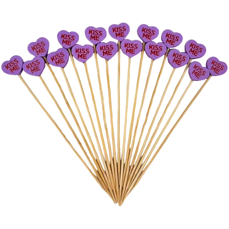Purple Heart Bamboo Skewers  Premium Natural Bamboo Sturdy  Comfortable Purple Heart with "KISS ME" Perfect for Valentine's Day Weddings  Romantic Events