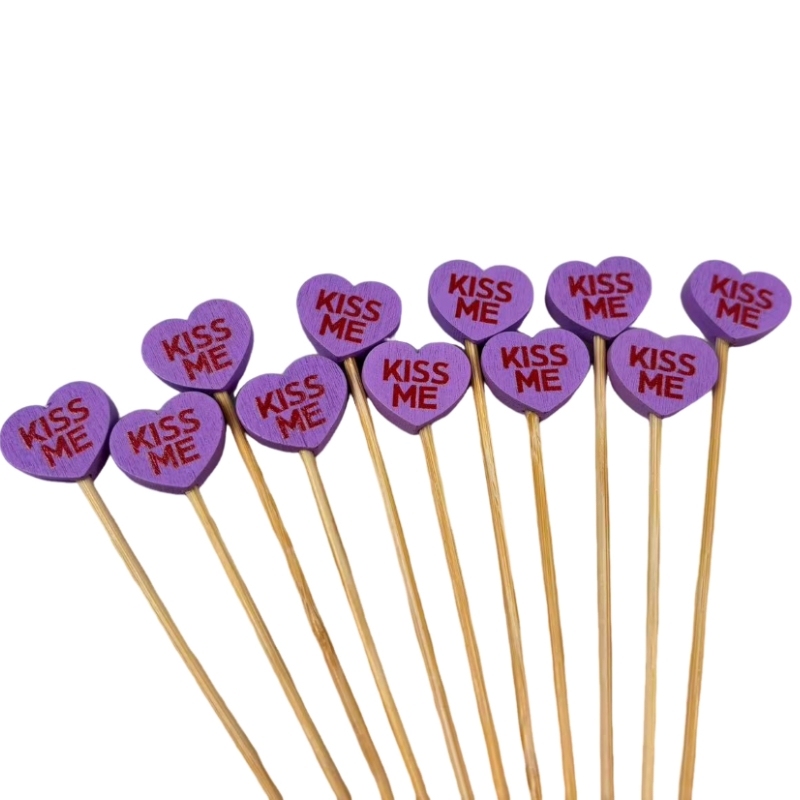 Purple Heart Bamboo Skewers  Premium Natural Bamboo Sturdy  Comfortable Purple Heart with "KISS ME" Perfect for Valentine's Day Weddings  Romantic Events