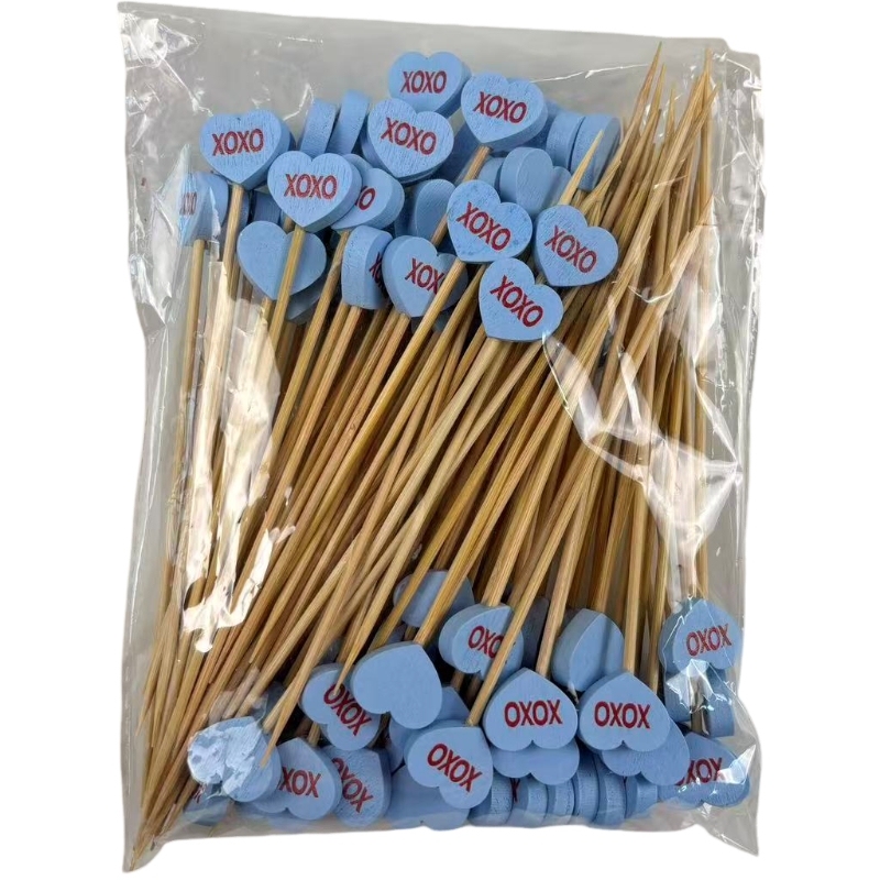 Blue Heart Bamboo Skewers  Premium Natural Bamboo Blue Heart with "XOXO" Design Perfect for Valentine's Day Weddings  Romantic Events