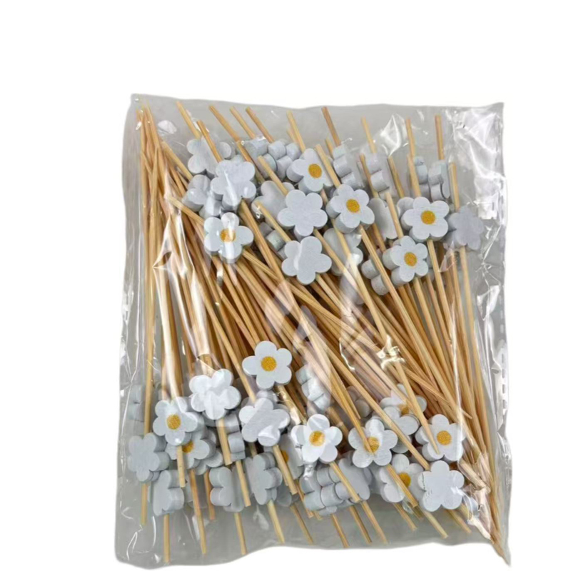 Tiny White Flower Bamboo Picks (100Pcs) - Elegant for Baby Showers, Weddings & Café Displays