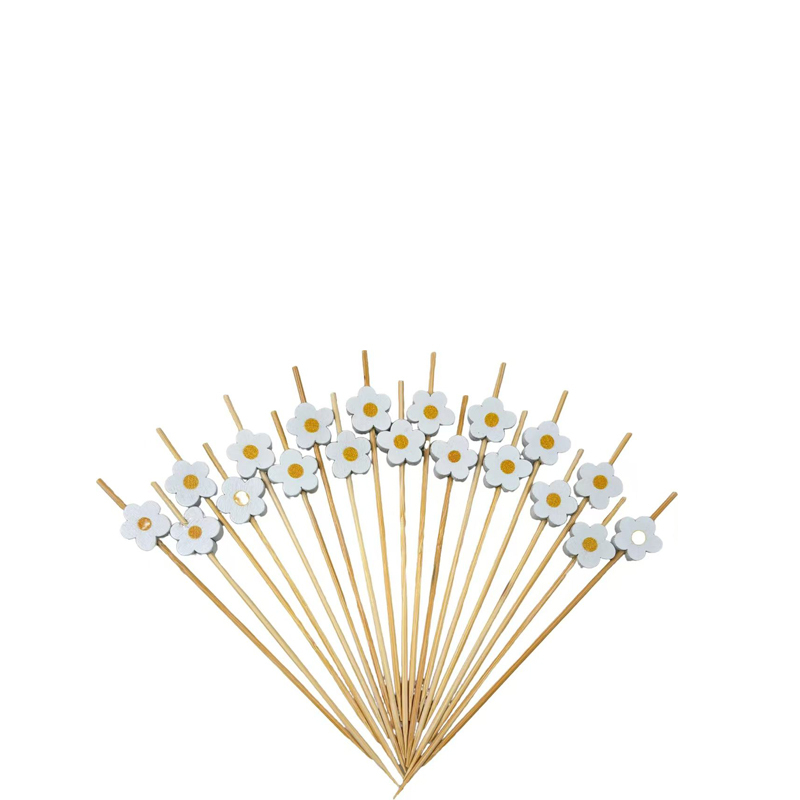 Tiny White Flower Bamboo Picks (100Pcs) - Elegant for Baby Showers, Weddings & Café Displays