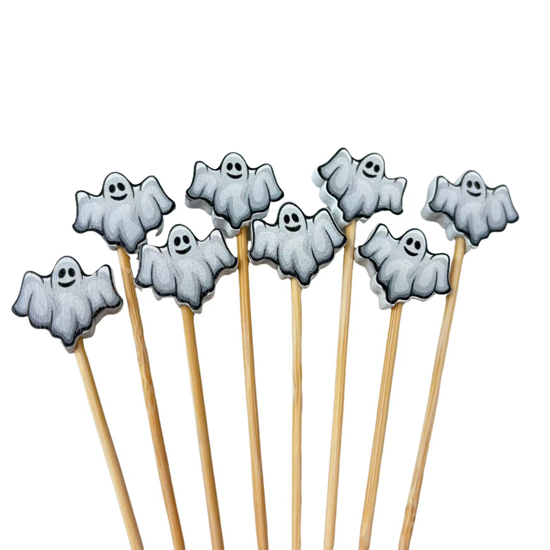 100Pcs Cute Ghost Bamboo Picks - Food-Safe for Halloween Parties, Costume Events & Dessert Platters