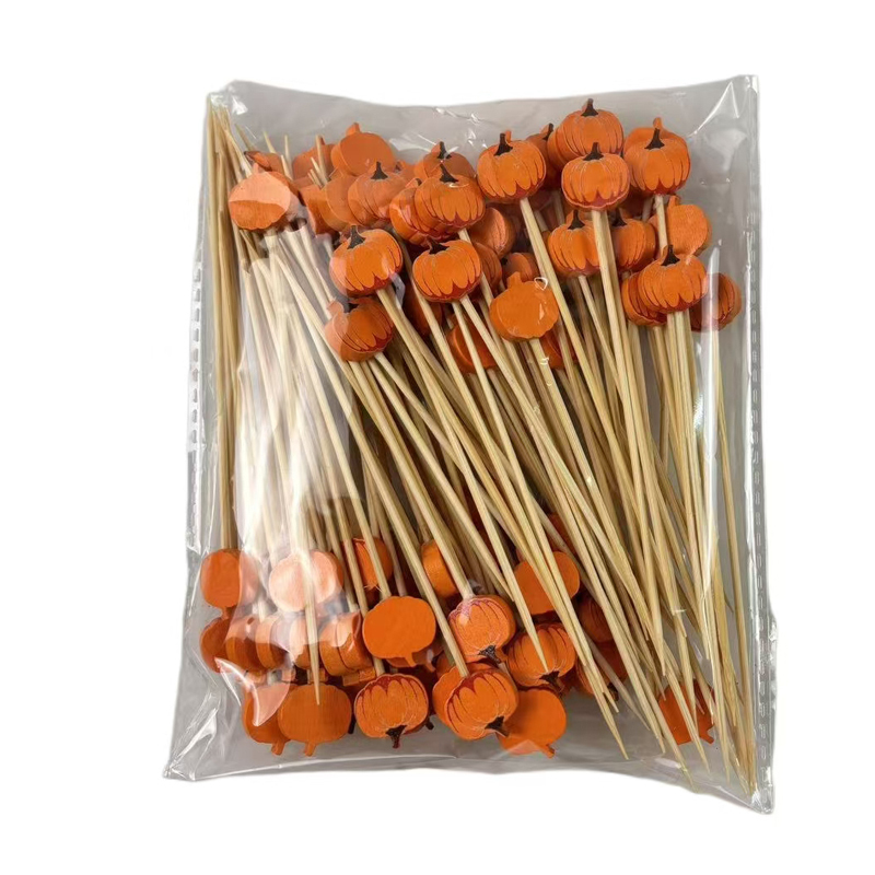 Orange Pumpkin Bamboo Skewers  Premium Natural Bamboo Autumn Gatherings Dessert Decoration Vivid Orange Pumpkin Design