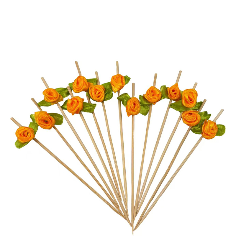 Orange Rose Bamboo Skewers  Premium Natural Bamboo  Elegant Realistic Orange Rose  Date Parties  Dessert Plating