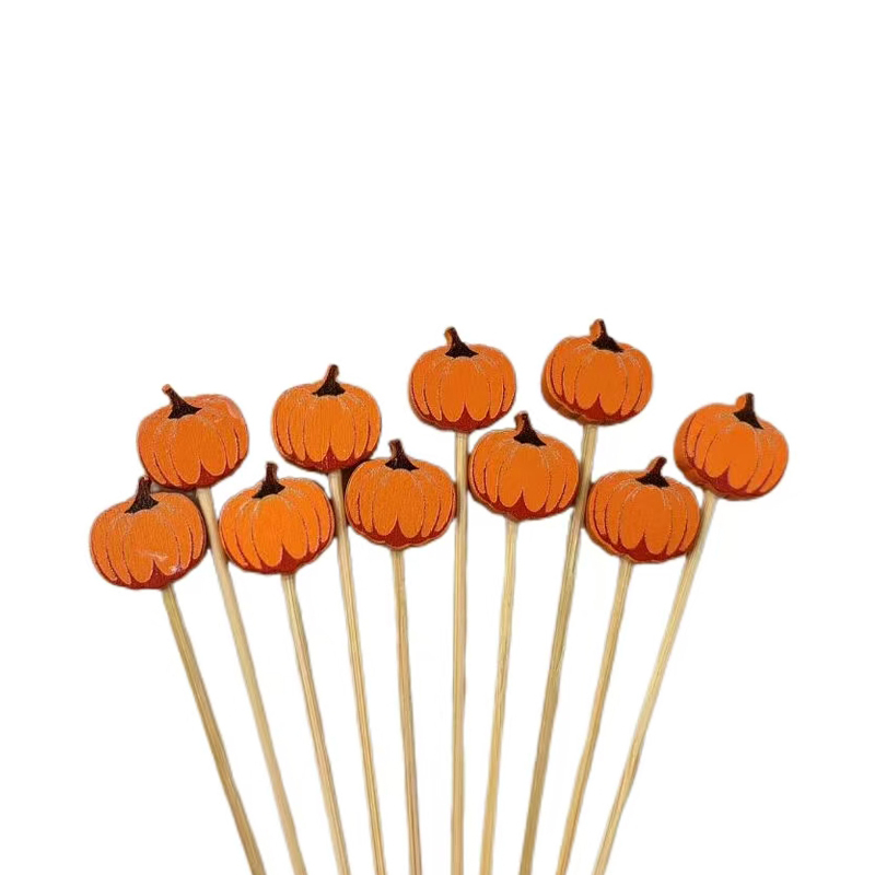 Orange Pumpkin Bamboo Skewers  Premium Natural Bamboo Autumn Gatherings Dessert Decoration Vivid Orange Pumpkin Design