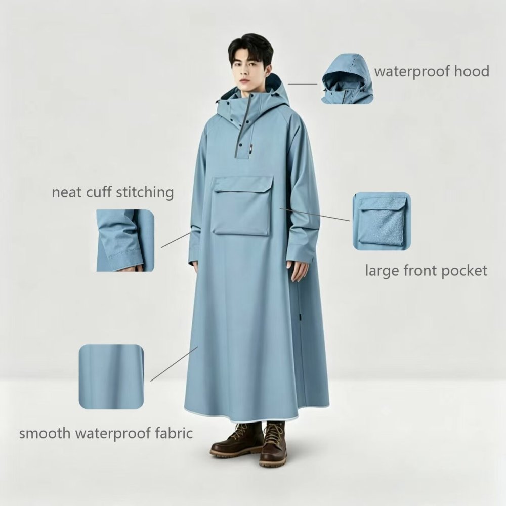 Men Long Raincoat Waterproof Hood Large Front Pocket Polyester Sky Blue Outdoor Travel