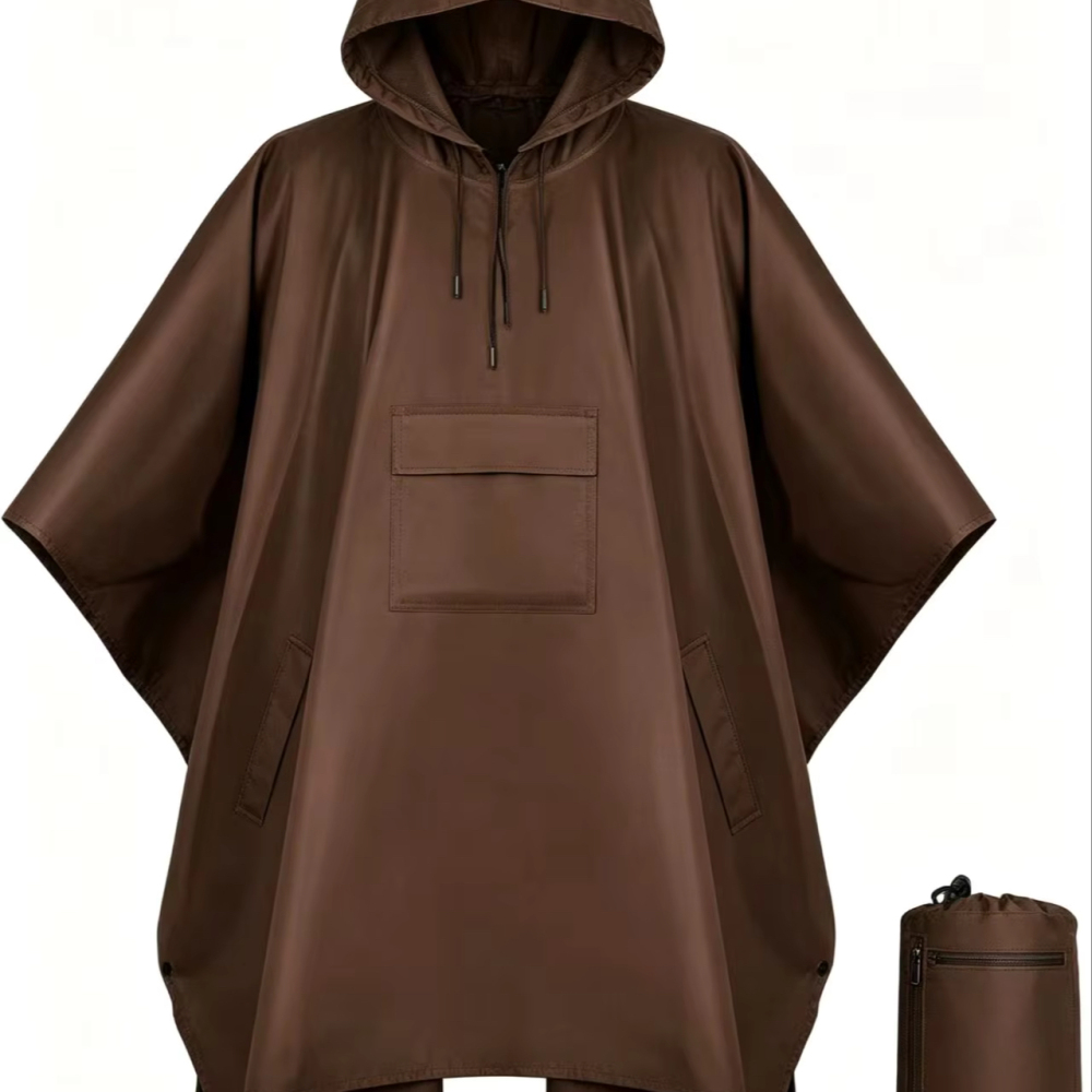 Packable Waterproof Polyester Rain Poncho Lightweight Hooded Adjustable Drawstring Olive Green Hiking