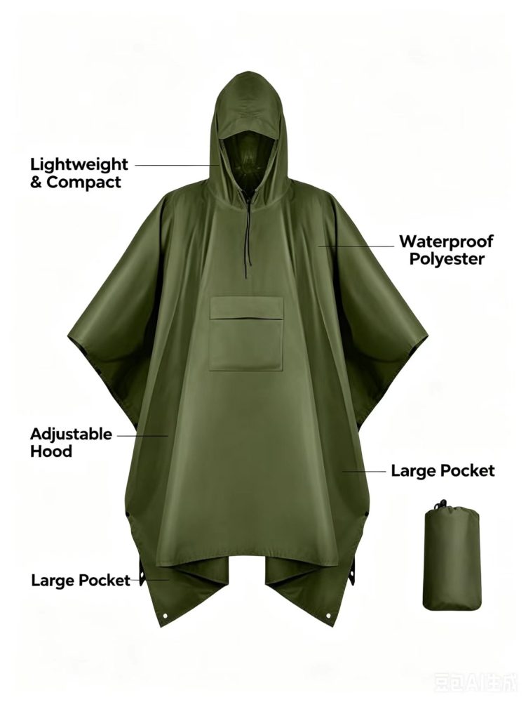Packable Waterproof Polyester Rain Poncho Lightweight Hooded Adjustable Drawstring Olive Green Hiking