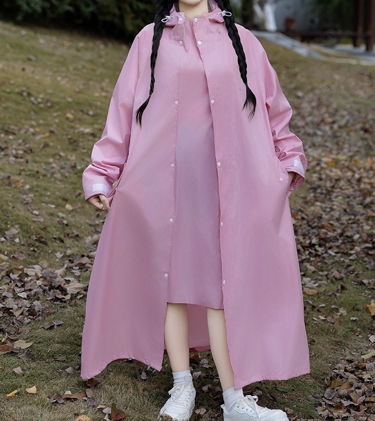 Waterproof Oxford Cloth Long Raincoat Snap Button Closure Hooded Pink Daily Wear