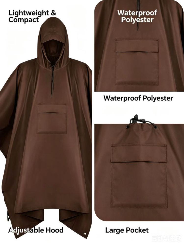 Packable Waterproof Polyester Rain Poncho Lightweight Hooded Adjustable Drawstring Olive Green Hiking