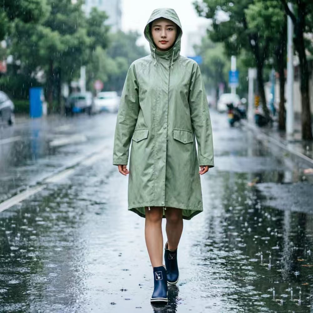 Women EVA Raincoat Drawstring Hood Loose Fit Pockets Mint Green Travel