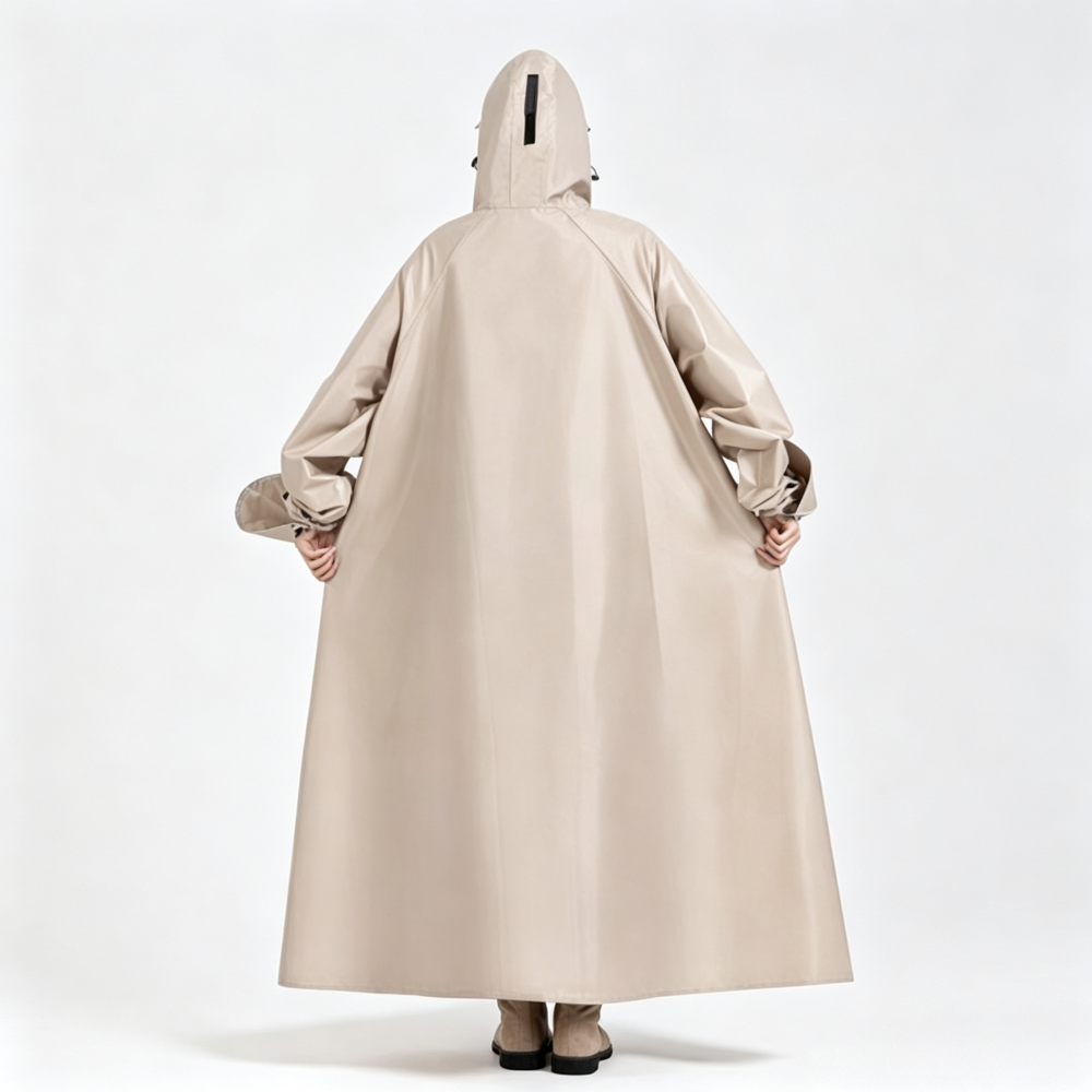 Breathable Nylon Long Raincoat Double Layer Cuffs Adjustable Hood Beige Daily Commute