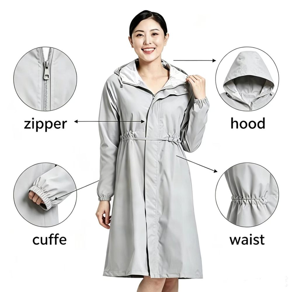 Light Gray Raincoat Zipper Closure Elastic Waist Hooded Lightweight Polyester Daily Wear
