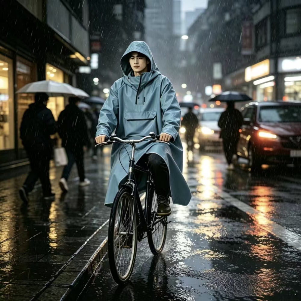 Men Long Raincoat Waterproof Hood Large Front Pocket Polyester Sky Blue Outdoor Travel