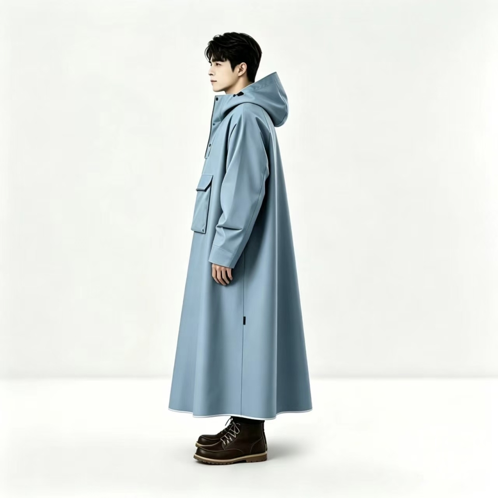 Men Long Raincoat Waterproof Hood Large Front Pocket Polyester Sky Blue Outdoor Travel