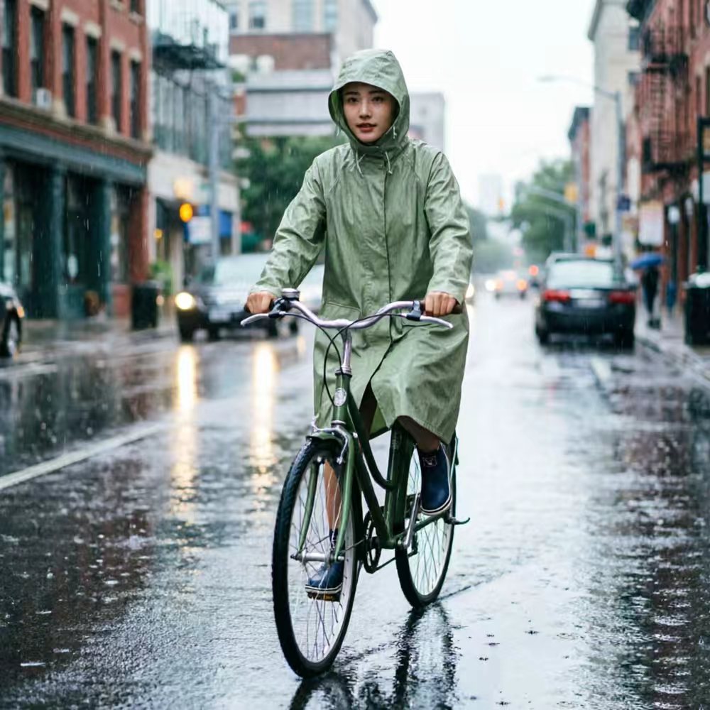 Women EVA Raincoat Drawstring Hood Loose Fit Pockets Mint Green Travel