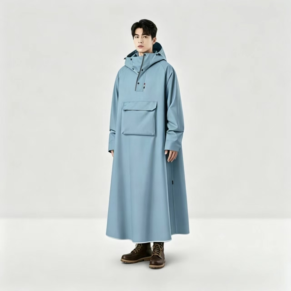 Men Long Raincoat Waterproof Hood Large Front Pocket Polyester Sky Blue Outdoor Travel
