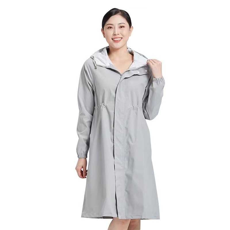 Light Gray Raincoat Zipper Closure Elastic Waist Hooded Lightweight Polyester Daily Wear