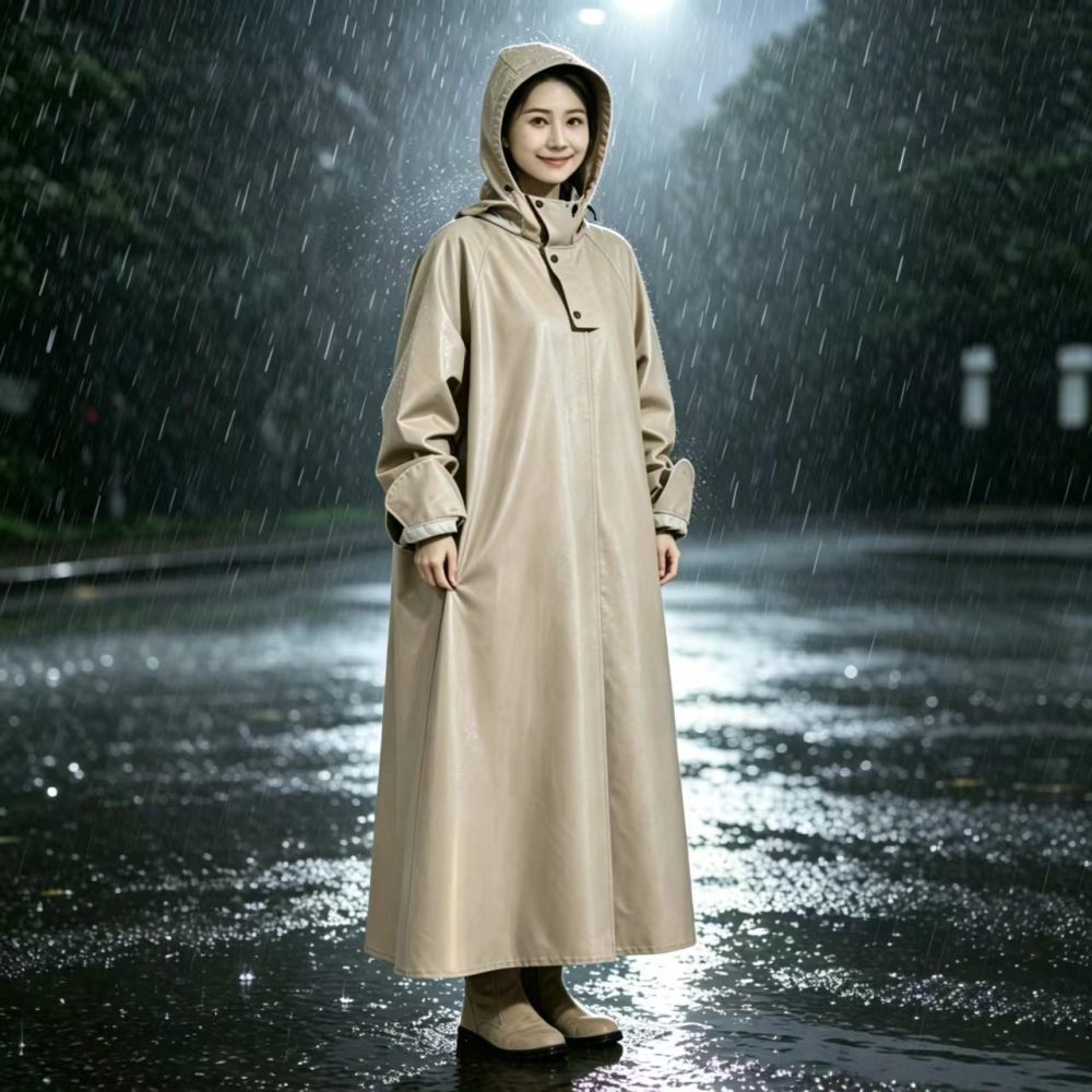 Breathable Nylon Long Raincoat Double Layer Cuffs Adjustable Hood Beige Daily Commute