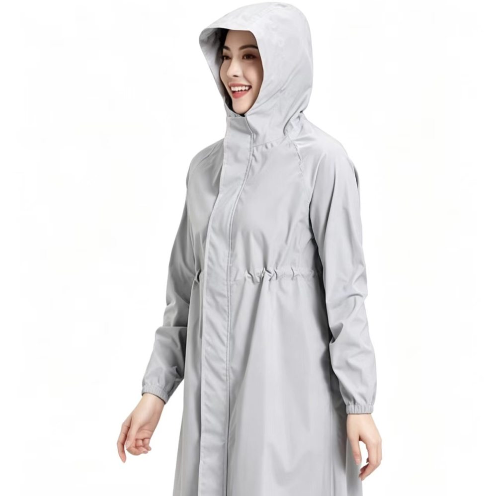 Light Gray Raincoat Zipper Closure Elastic Waist Hooded Lightweight Polyester Daily Wear