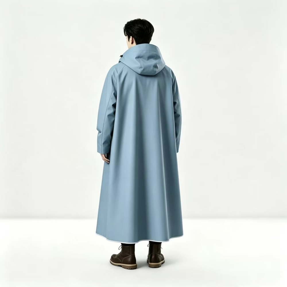 Men Long Raincoat Waterproof Hood Large Front Pocket Polyester Sky Blue Outdoor Travel