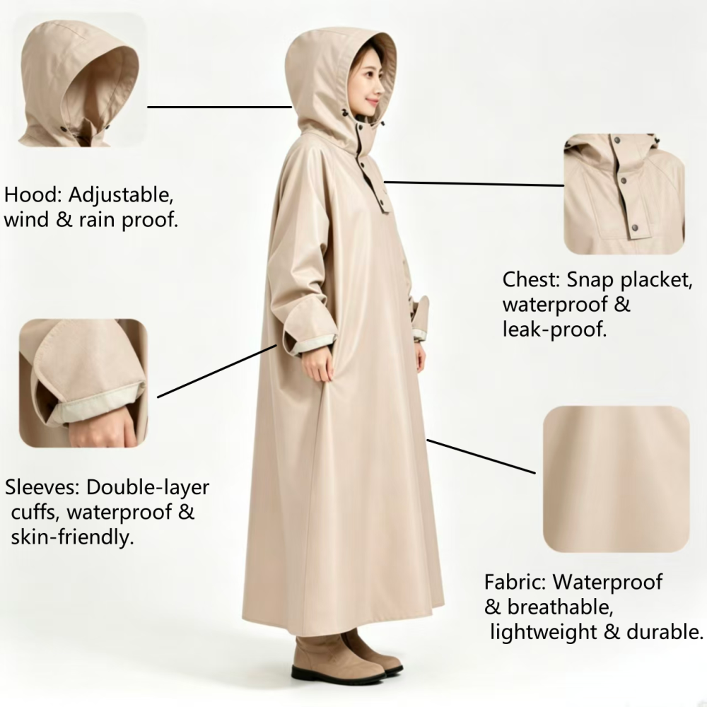 Breathable Nylon Long Raincoat Double Layer Cuffs Adjustable Hood Beige Daily Commute