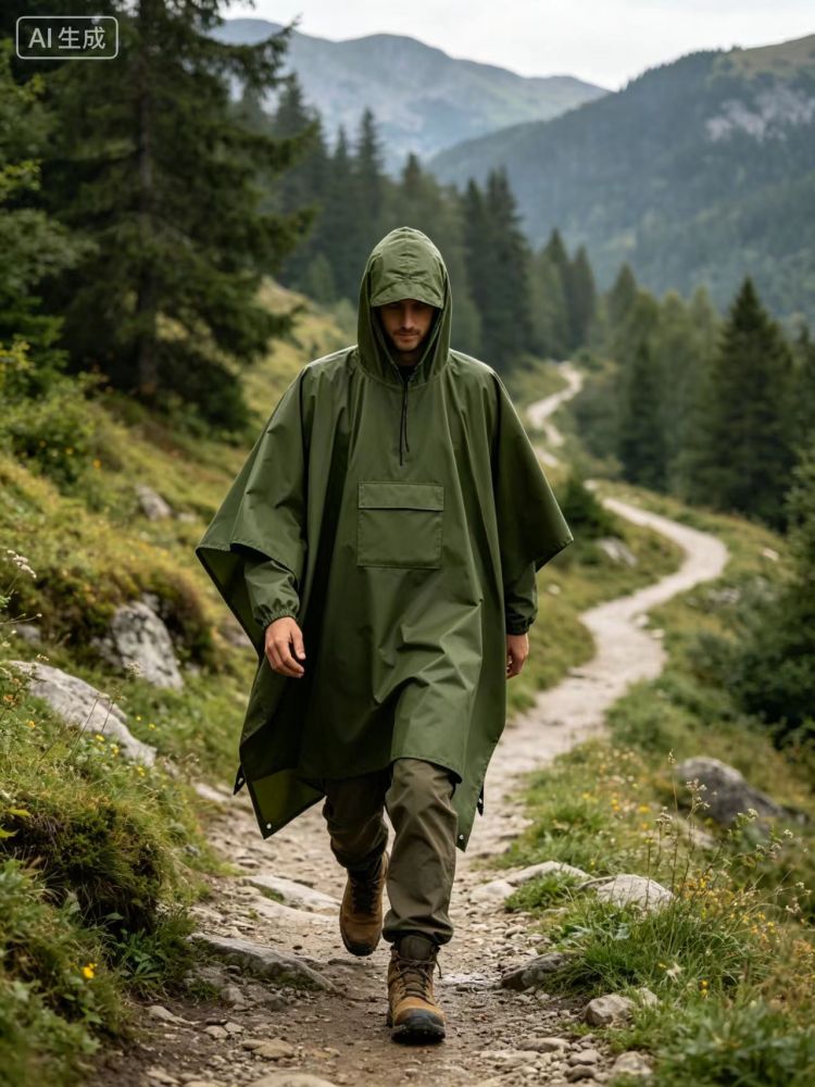 Packable Waterproof Polyester Rain Poncho Lightweight Hooded Adjustable Drawstring Olive Green Hiking