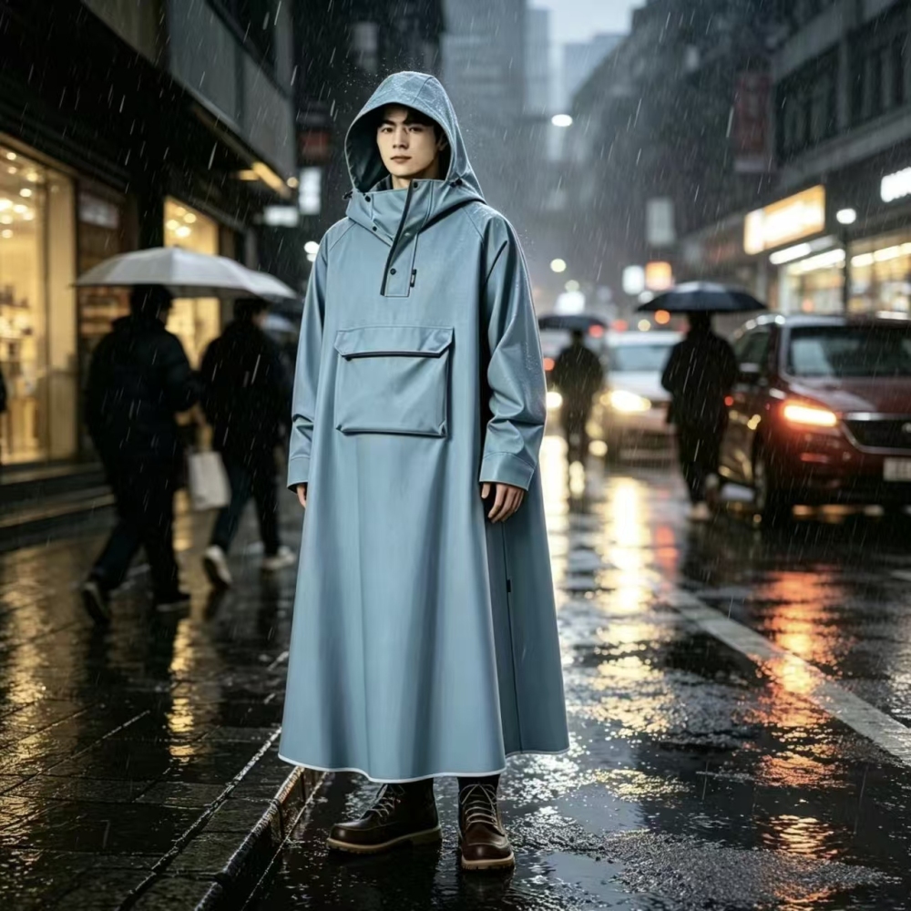 Men Long Raincoat Waterproof Hood Large Front Pocket Polyester Sky Blue Outdoor Travel
