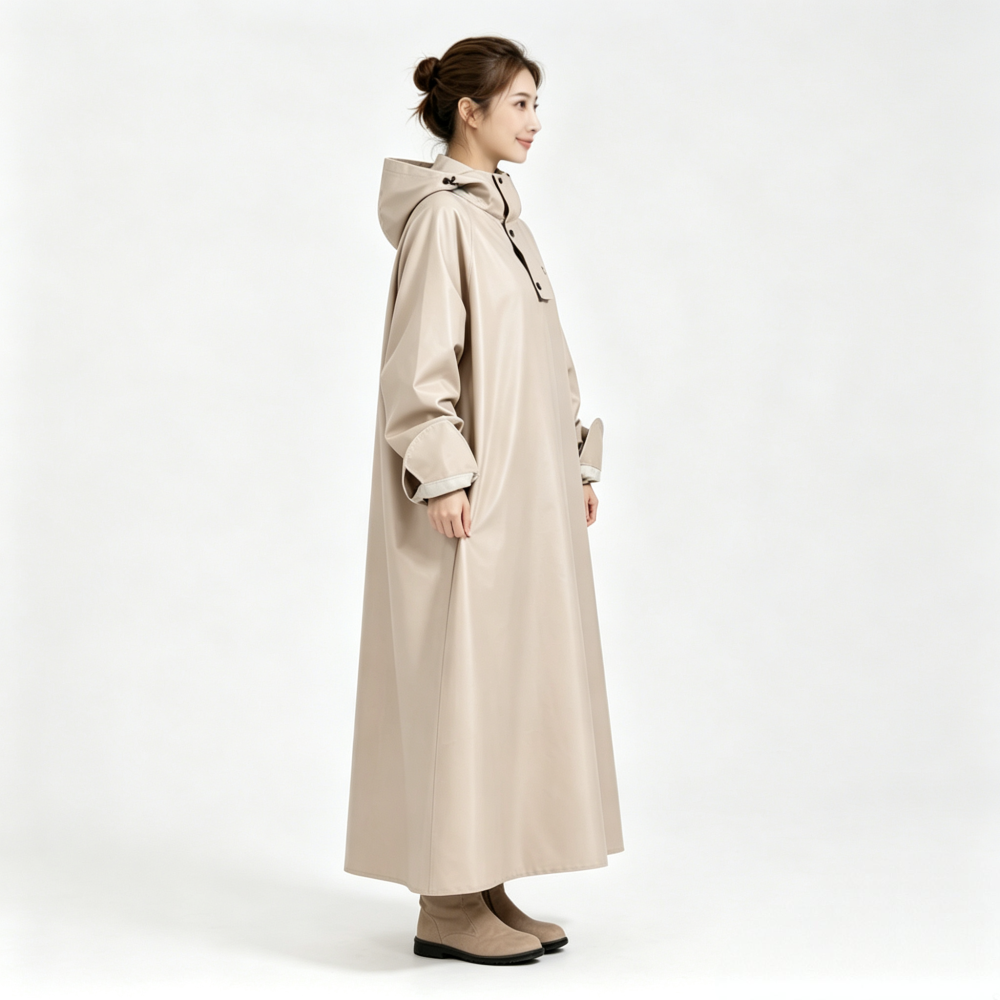 Breathable Nylon Long Raincoat Double Layer Cuffs Adjustable Hood Beige Daily Commute