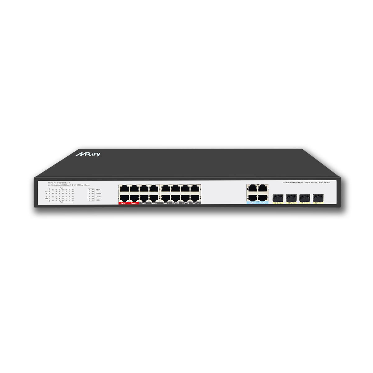 16-Port 10/100/1000Mbps Ultra PoE Switch with 4*1000M Combo Uplink High Power Budget 500W