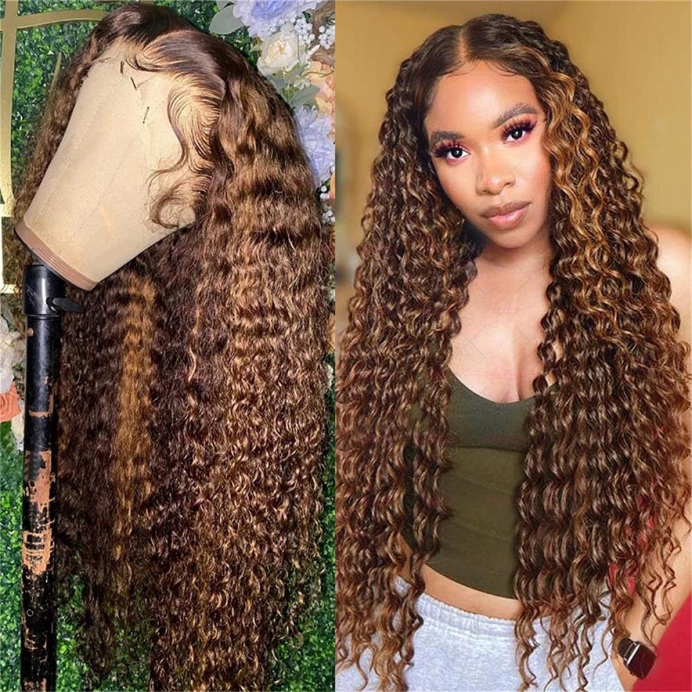Wholesale Highlight P4/27# Deep Curly 4X4 5X5 13X4 13X6 360 HD/ Transparent Lace Wig Pre-plucked Human Hair Wigs