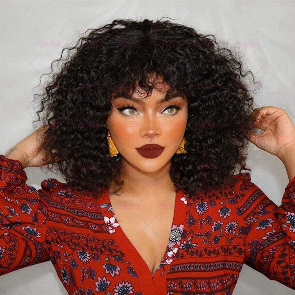 Wholesale Throw On&Go Natural Black Deep Curly Bob Wig With Bangs 150% Density Wig(BOB03)