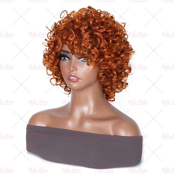 Wholesale Throw On&Go Ginger Orange Glueless Short Pix Cut Bob Wigs Bouncy Curls with Bangs