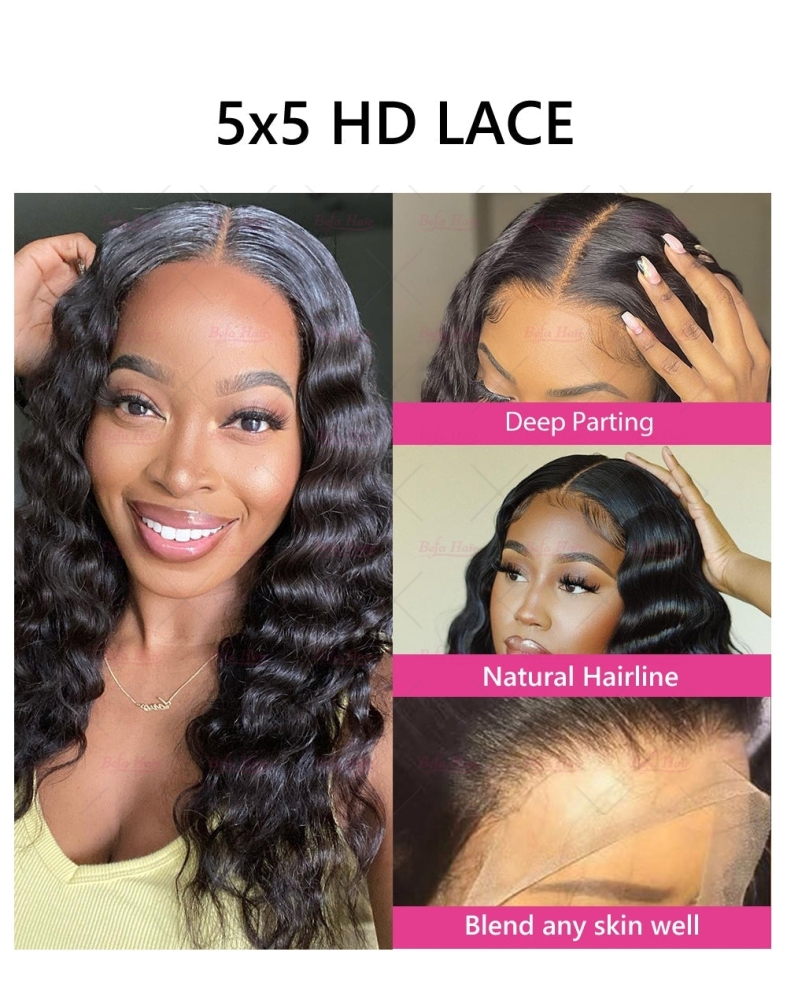 Wholesale  Pre-plucked 3 Bundles Brazilian Deep Wave Hair With HD5x5 Lace Closure,can do dropshipping