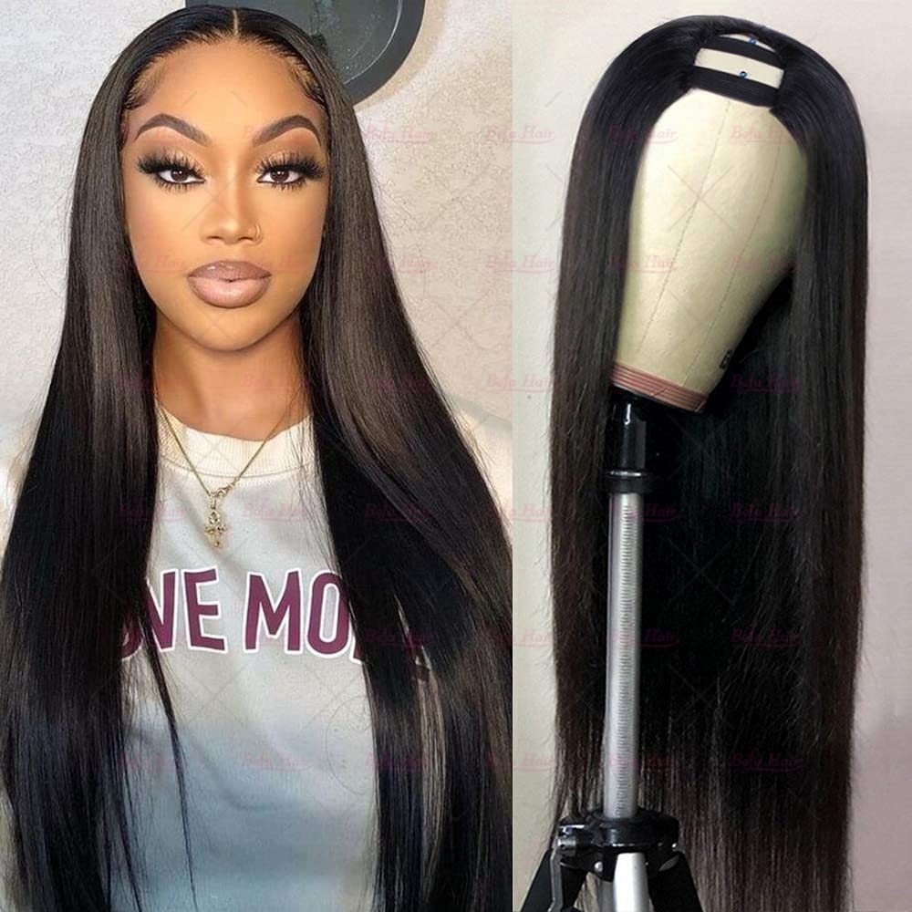 Wholesale U Part Human Hair Wigs Brazilian Virgin Straight 200% Density Pre Plucked Glueless Middle Part Wig