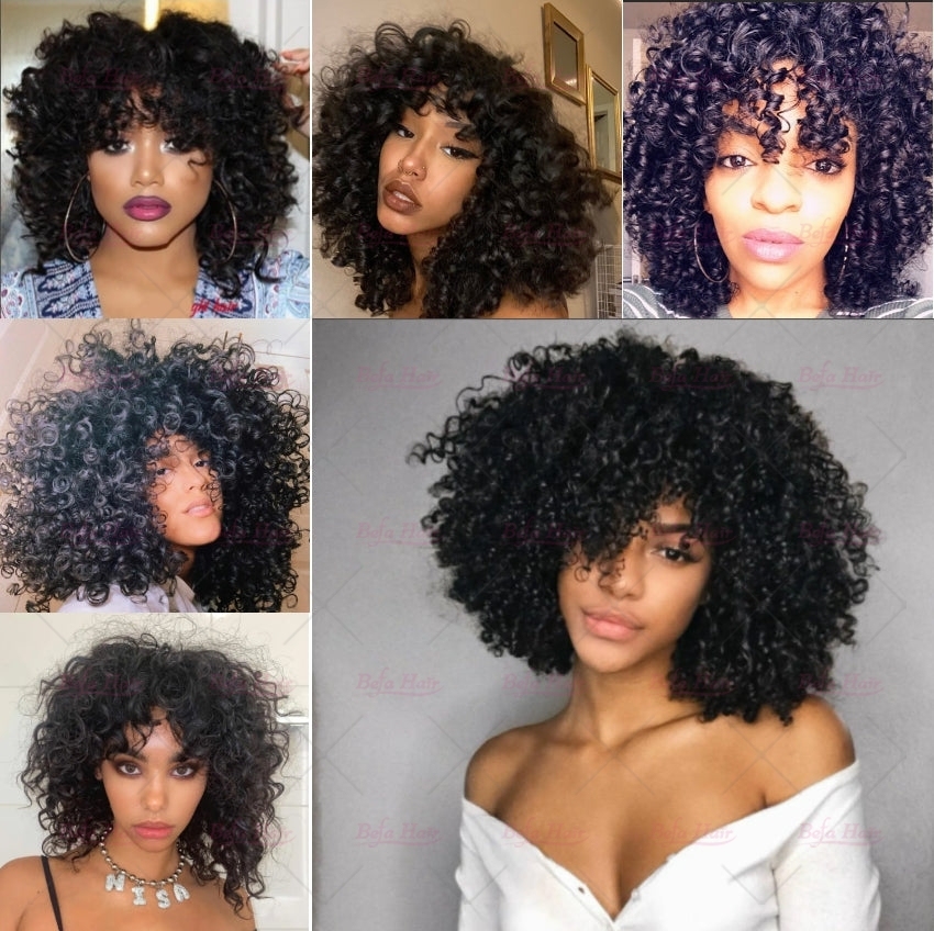 Wholesale Throw On&Go Easy Install Short Black Afro Curly Wigs with Bangs Human Hair for Women(BOB03)