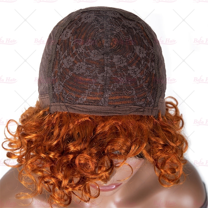Wholesale Throw On&Go Ginger Orange Glueless Short Pix Cut Bob Wigs Bouncy Curls with Bangs
