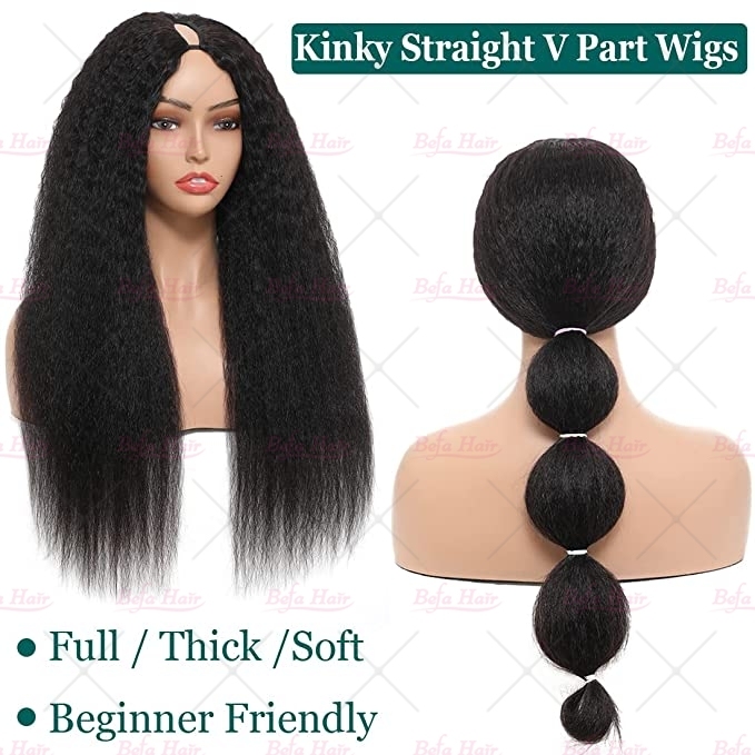 Wholesale V Part Human Hair Wigs Brazilian Virgin Kinky Straight 200% Density Pre Plucked Glueless Middle Part Wig