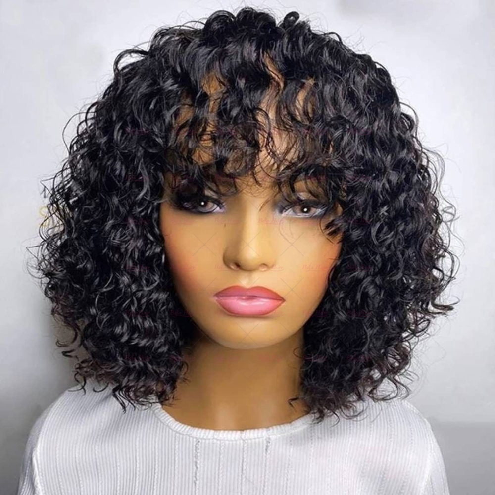 Wholesale Throw On&Go Natural Black Deep Curly Bob Wig With Bangs 150% Density Wig(BOB03)