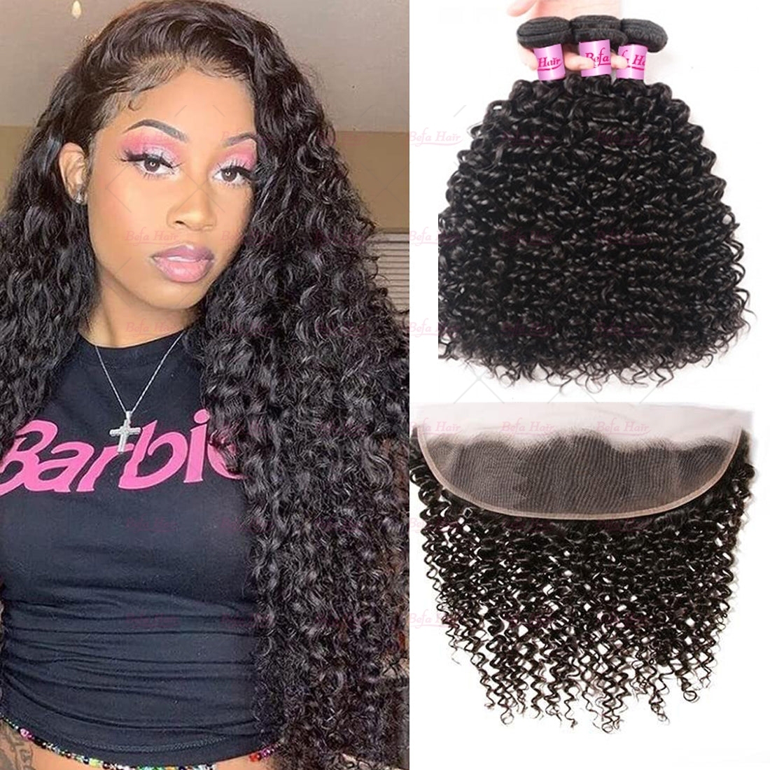 Wholesale Brazilian 13''x4'' Lace Frontal With 3Bundles Jerry Curly Hair,can do dropshipping