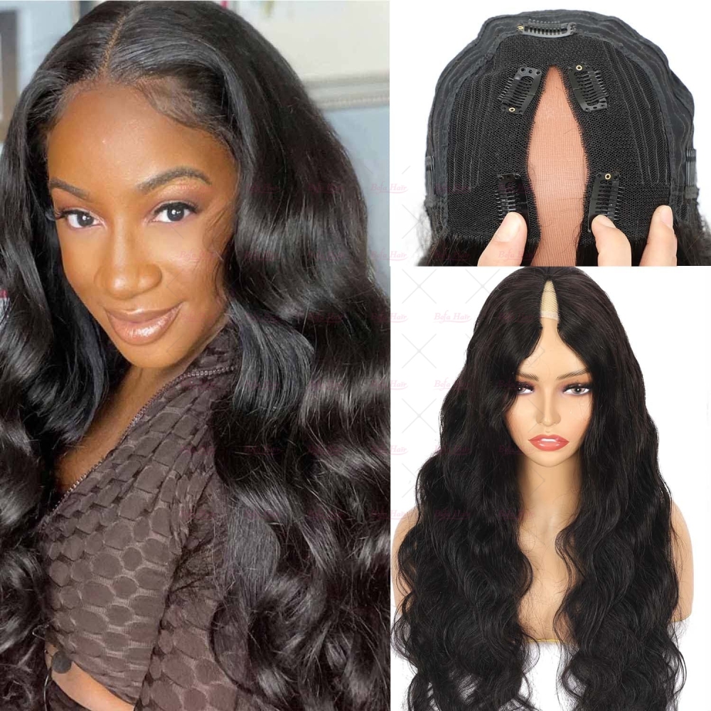 Wholesale V Part Human Hair Wigs Brazilian Virgin Body Wave 200% Density Pre Plucked Glueless Middle Part Wig