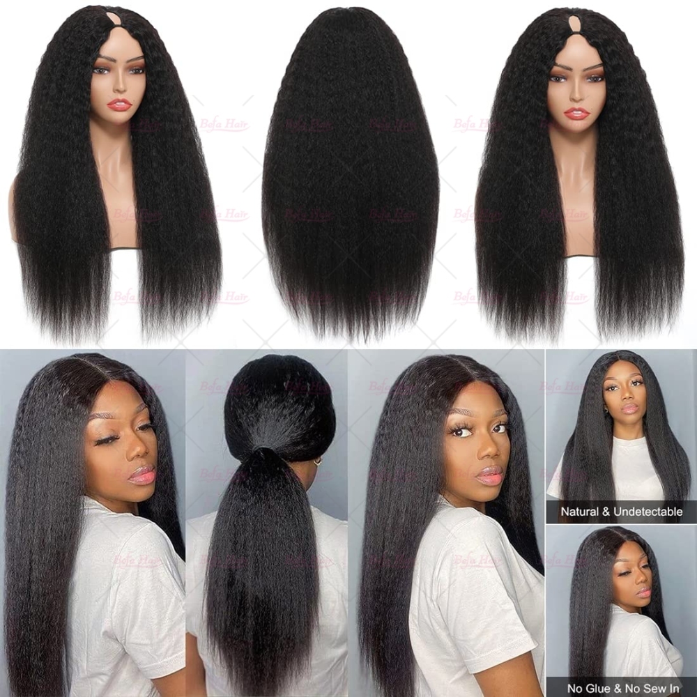 Wholesale V Part Human Hair Wigs Brazilian Virgin Kinky Straight 200% Density Pre Plucked Glueless Middle Part Wig