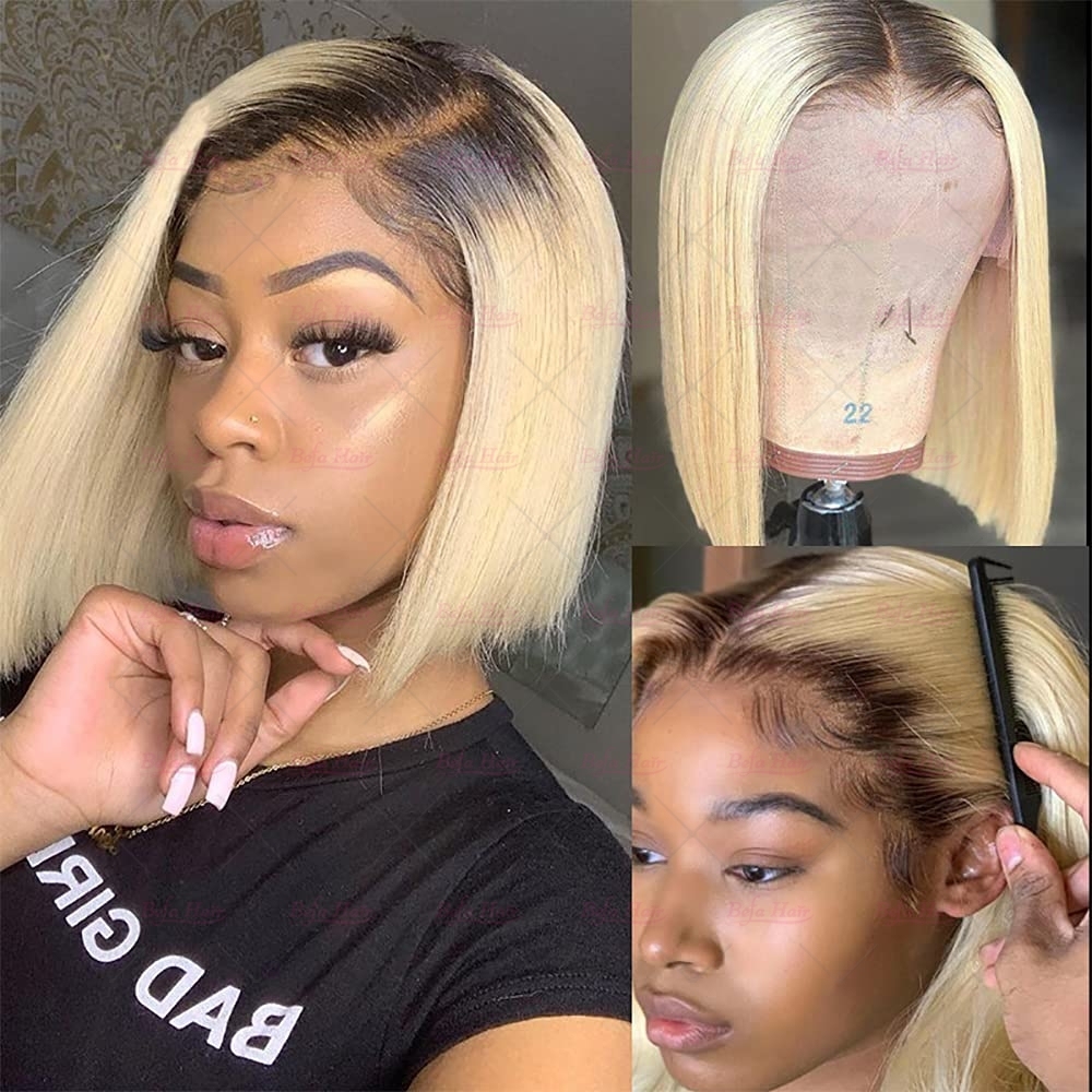 Wholesale Ombre Bob Wigs 13x4 1B/613# Straight Human Hair Lace Frontal Wigs 150% Density Pre Plucked with Baby Hair Wigs