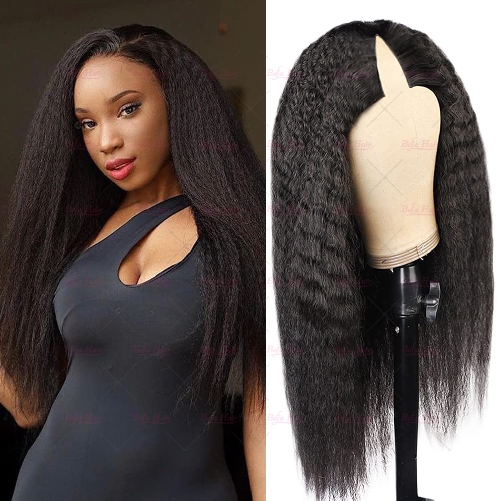 Wholesale V Part Human Hair Wigs Brazilian Virgin Kinky Straight 200% Density Pre Plucked Glueless Middle Part Wig