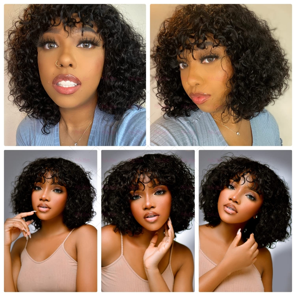 Wholesale Throw On&Go Natural Black Deep Curly Bob Wig With Bangs 150% Density Wig(BOB03)