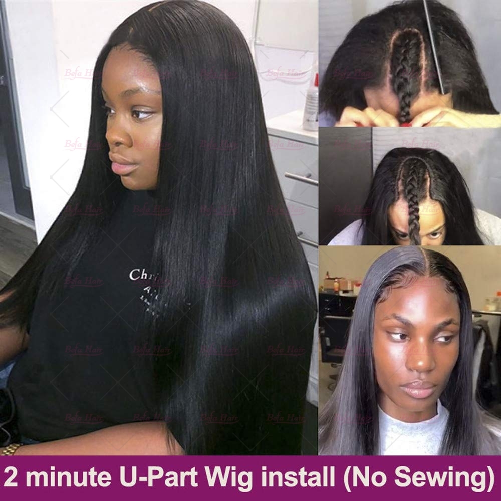 Wholesale U Part Human Hair Wigs Brazilian Virgin Straight 200% Density Pre Plucked Glueless Middle Part Wig