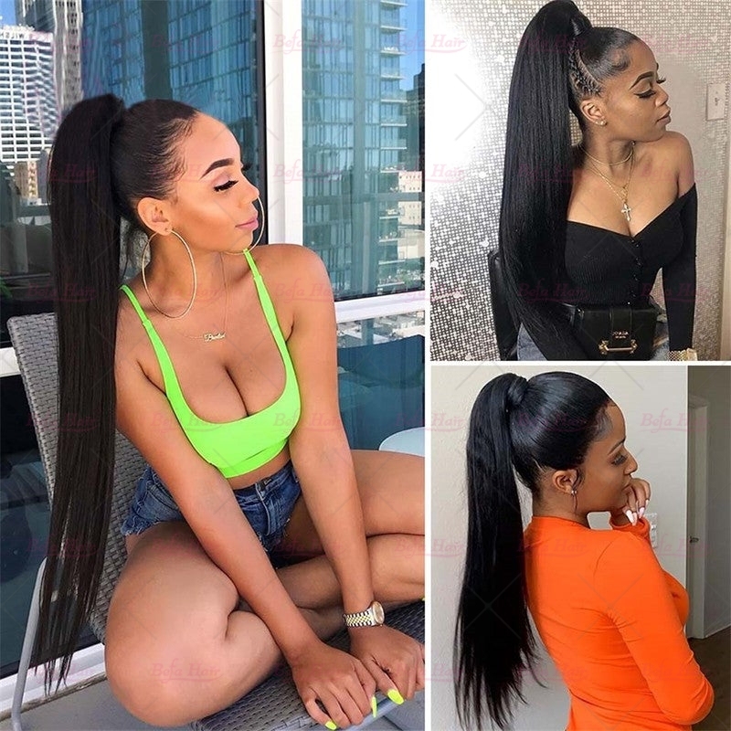 Wholesale Natural Long Straight Wrap Around High Sleek Ponytail With Natural Hair Clip Ponytail
